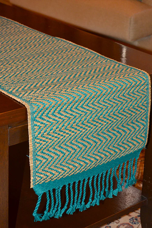 Dharini Madurkathi Chevron Tassels Table Runner Teal Large - Image 4