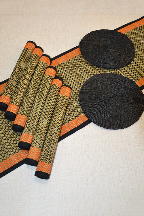 Dharini Madurkathi & Sabai Diamond Dining Set Black Orange (Set Of 9)