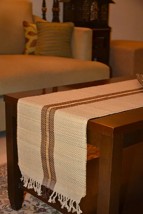 Dharini Madurkathi Striped Tassels Table Runner Large Beige Brown