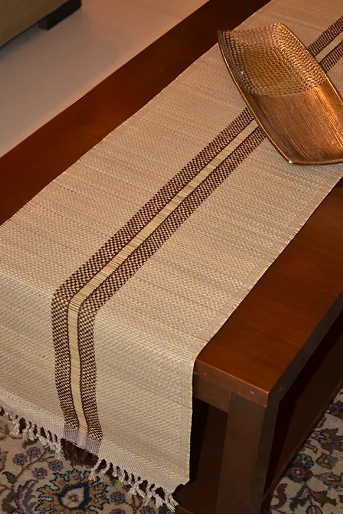 Dharini Madurkathi Striped Tassels Table Runner Large Beige Brown - Image 5