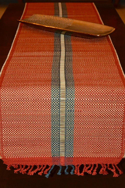 Dharini Madurkathi Striped Tassels Table Runner Large Rust Grey