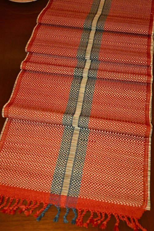 Dharini Madurkathi Striped Tassels Table Runner Large Rust Grey - Image 2