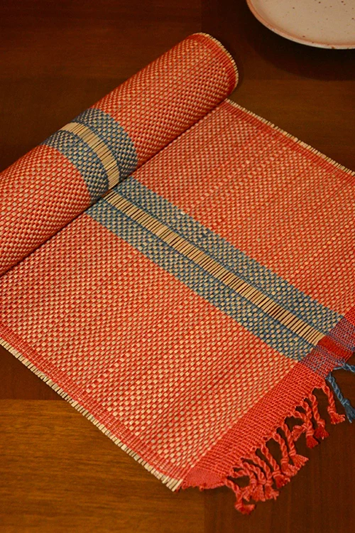 Dharini Madurkathi Striped Tassels Table Runner Large Rust Grey - Image 4