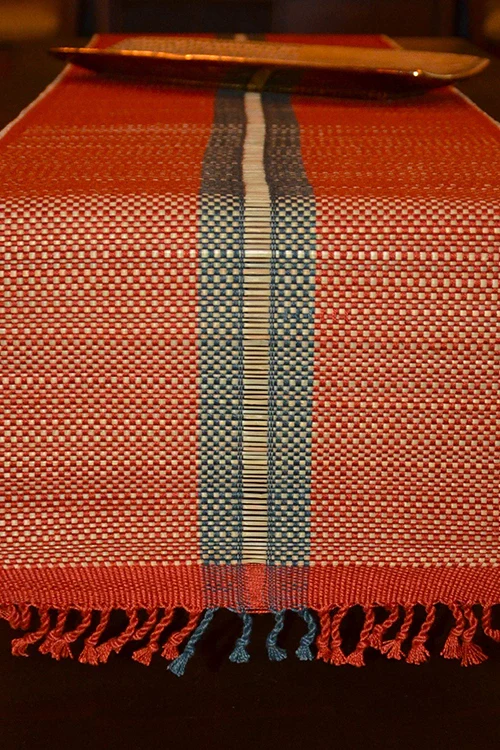 Dharini Madurkathi Striped Tassels Table Runner Large Rust Grey - Image 5