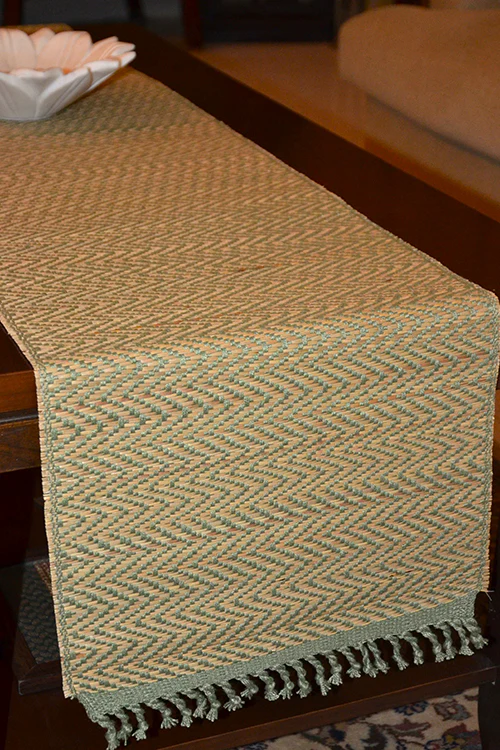 Dharini Madurkathi Tassels Chevron Table Runner Sage Green - Image 3