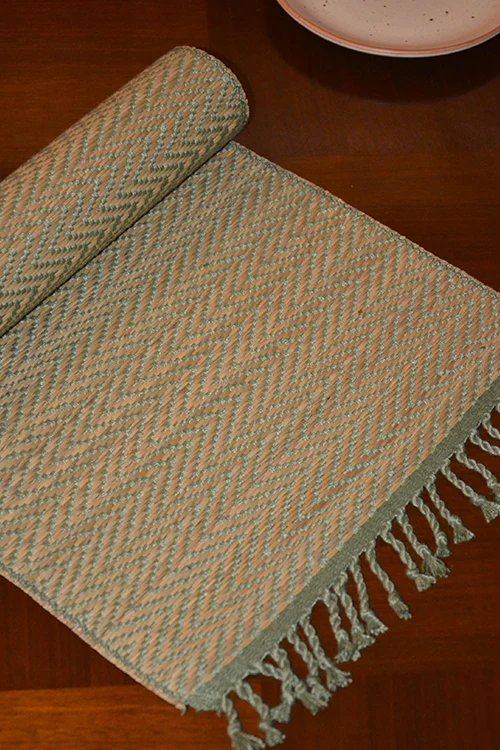 Dharini Madurkathi Tassels Chevron Table Runner Sage Green - Image 6