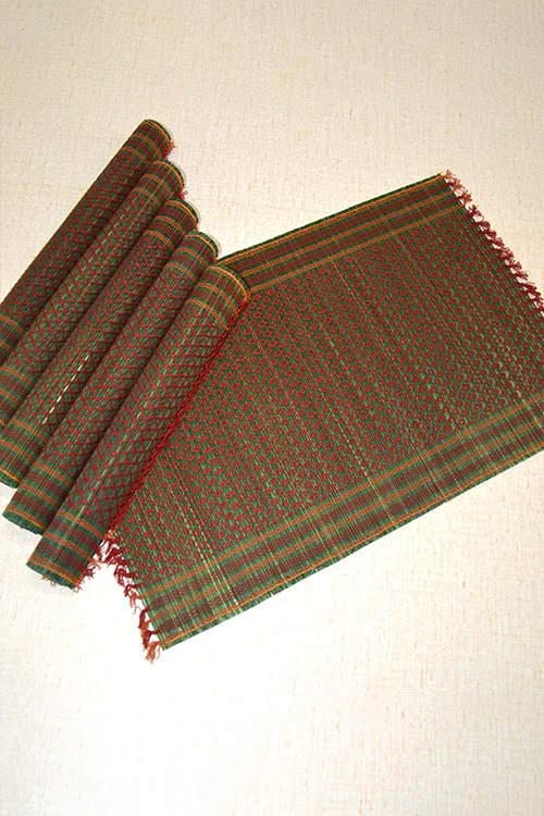 Dharini Madurkathi Tassels Placemats & Runner Set Green Maroon (Set Of 7)