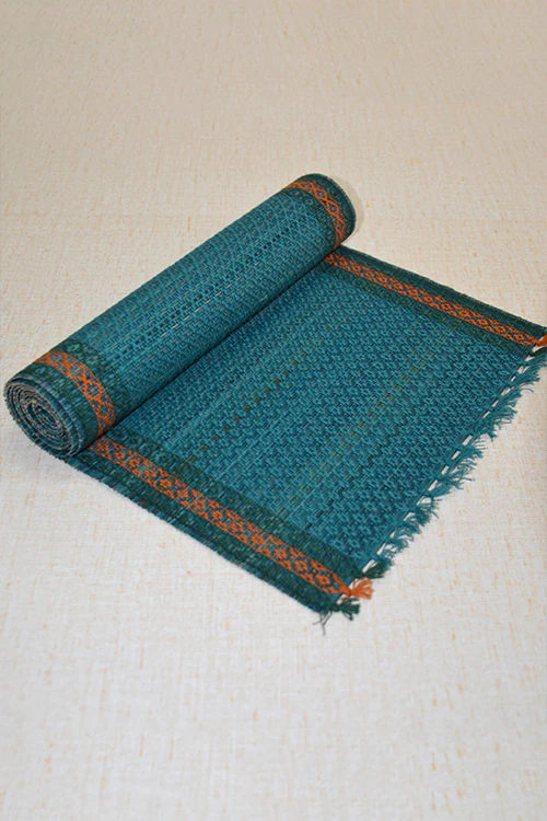 Dharini Madurkathi Tassels Table Runner Teal Blue - Image 4