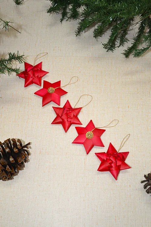 Dharini Palm Leaf Christmas Star Ornaments Red (Set of 5) - Image 3