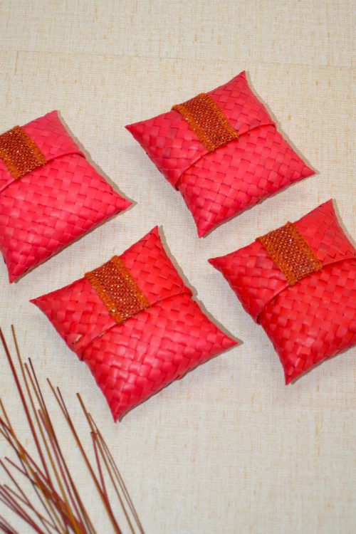 Dharini Palm Leaf Gift Pouches Red (Set Of 4) - Image 5