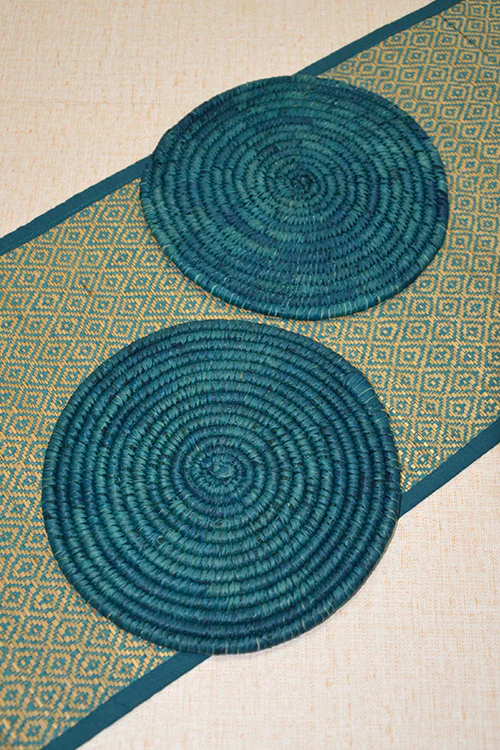 Dharini Sabai & Palm Round Trivets Teal Blue (Set Of 2)