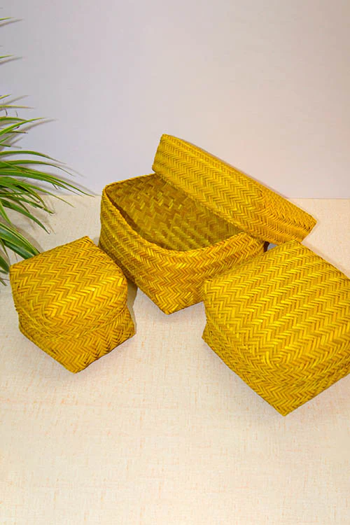 Dharini Sitalpati Gift & Utility Boxes Mustard (Set Of 3)