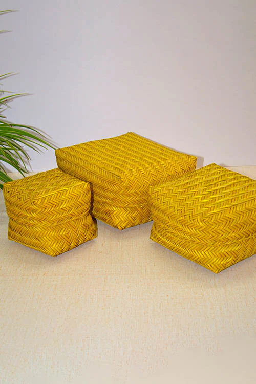 Dharini Sitalpati Gift & Utility Boxes Mustard (Set Of 3) - Image 3
