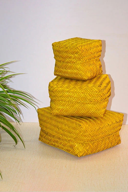 Dharini Sitalpati Gift & Utility Boxes Mustard (Set Of 3) - Image 4