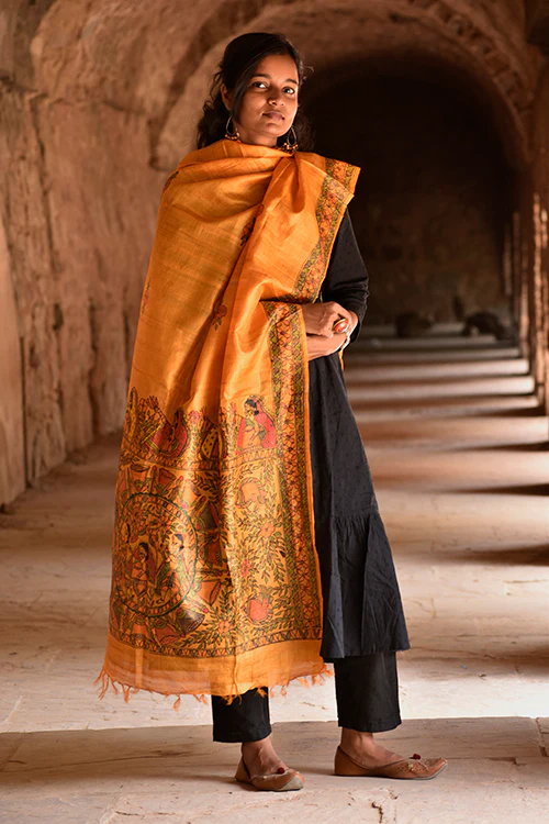 Diorama Designs Madhubani Hand-Painted Tussar Silk Dupatta - Image 2