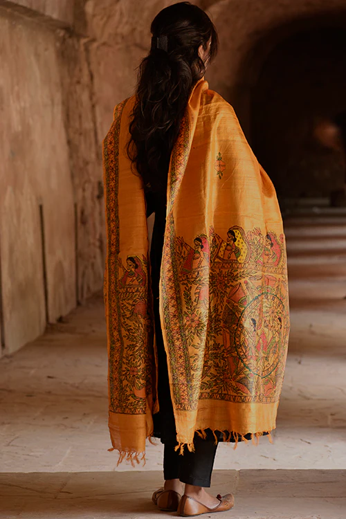Diorama Designs Madhubani Hand-Painted Tussar Silk Dupatta - Image 3