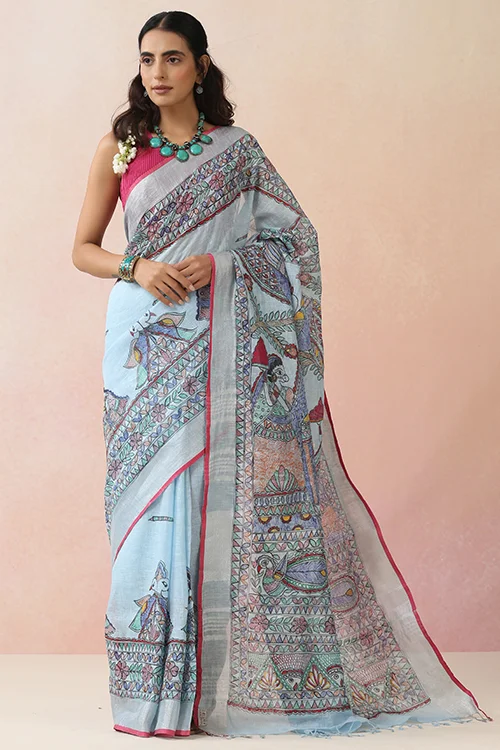 Diorama Designs Madhubani "Radha Sang Krishna Holi " Hand-Painted Linen Saree