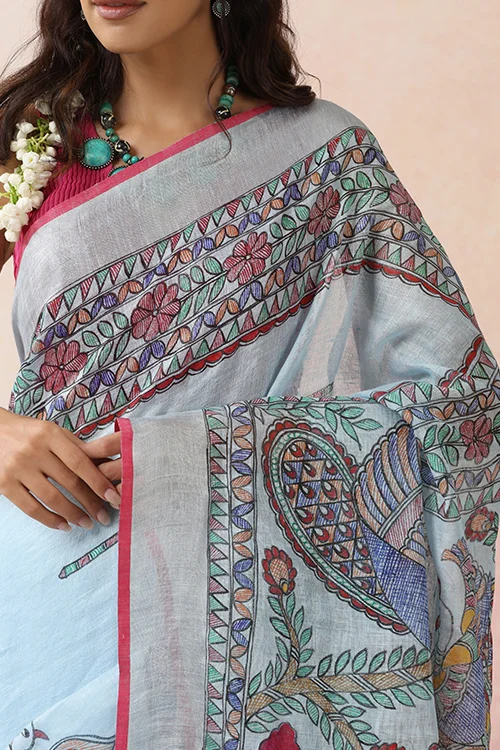 Diorama Designs Madhubani "Radha Sang Krishna Holi " Hand-Painted Linen Saree - Image 2