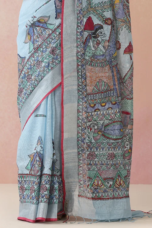 Diorama Designs Madhubani "Radha Sang Krishna Holi " Hand-Painted Linen Saree - Image 3