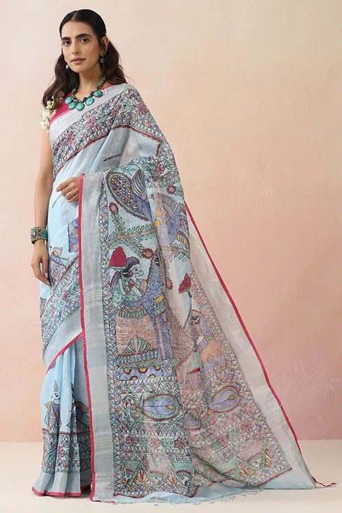 Diorama Designs Madhubani "Radha Sang Krishna Holi " Hand-Painted Linen Saree - Image 4