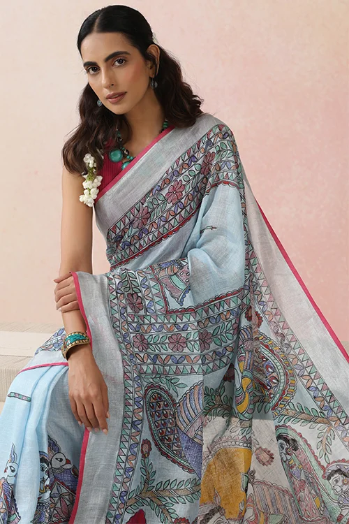 Diorama Designs Madhubani "Radha Sang Krishna Holi " Hand-Painted Linen Saree - Image 6