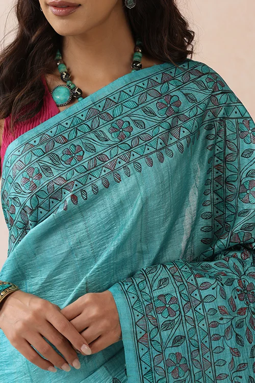 Diorama Designs Madhurima Madhubani Blue Tussar Silk Hand-Painted Saree - Image 2