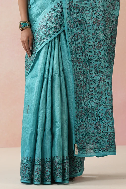 Diorama Designs Madhurima Madhubani Blue Tussar Silk Hand-Painted Saree - Image 3