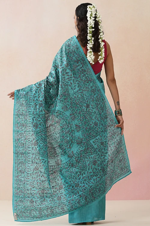 Diorama Designs Madhurima Madhubani Blue Tussar Silk Hand-Painted Saree - Image 5