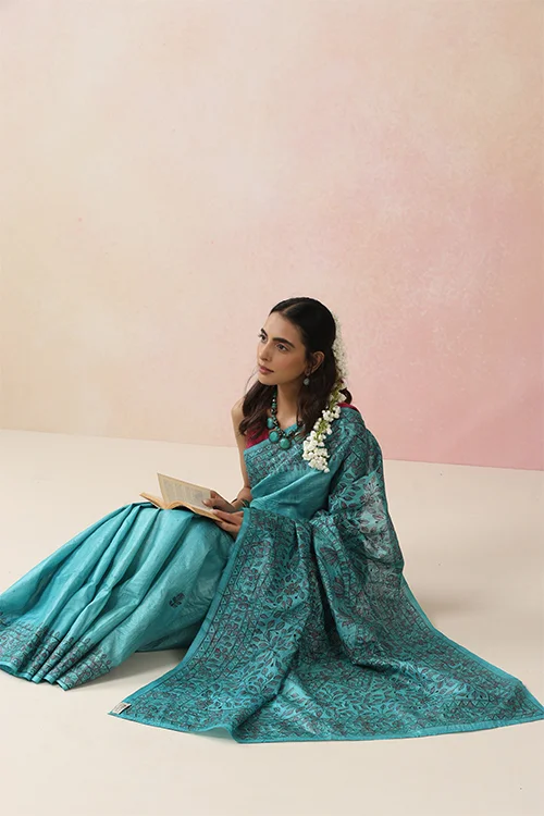 Diorama Designs Madhurima Madhubani Blue Tussar Silk Hand-Painted Saree - Image 6