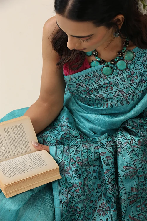 Diorama Designs Madhurima Madhubani Blue Tussar Silk Hand-Painted Saree - Image 8