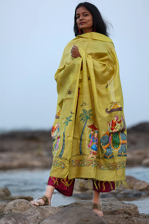 Diorama Designs Royal Yellow Munga Silk Pattachitra Dupatta - Image 3