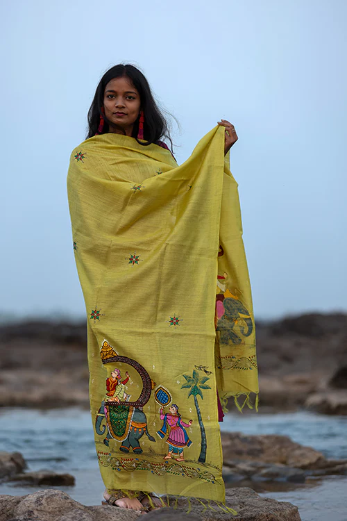 Diorama Designs Royal Yellow Munga Silk Pattachitra Dupatta - Image 4