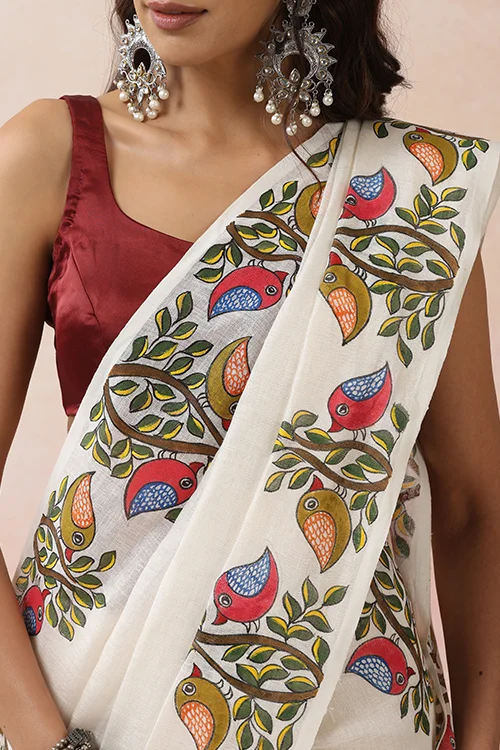 Diorama Designs "Sparrow Song" Handpainted Pure Linen Saree - Image 2