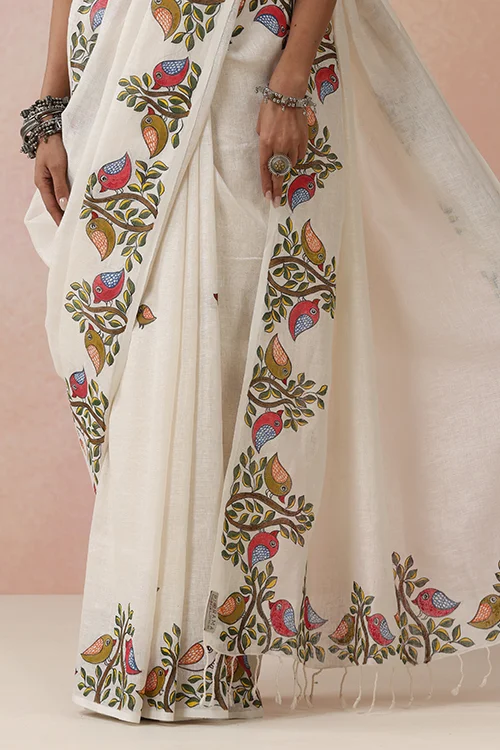 Diorama Designs "Sparrow Song" Handpainted Pure Linen Saree - Image 3