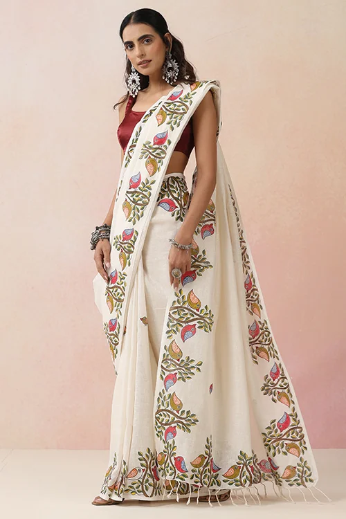 Diorama Designs "Sparrow Song" Handpainted Pure Linen Saree - Image 4