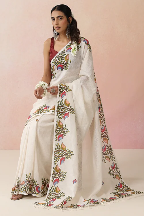 Diorama Designs "Sparrow Song" Handpainted Pure Linen Saree - Image 6