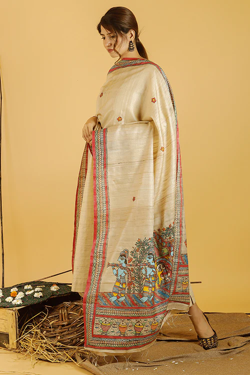 Madhubani Paints 'Doli Bidaai' Madhubani Handpainted Pure Handwoven Tussar Silk Dupatta - Image 3