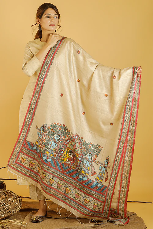 Madhubani Paints 'Doli Bidaai' Madhubani Handpainted Pure Handwoven Tussar Silk Dupatta - Image 4