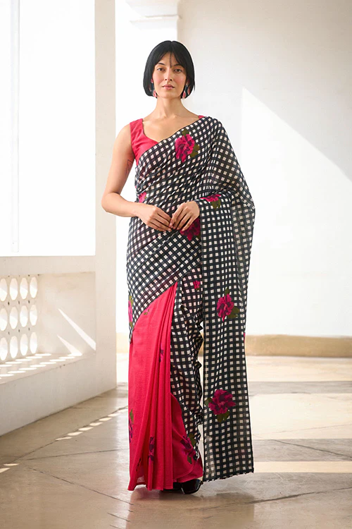 Dressfolk Bloom Check Bengal Cotton Saree