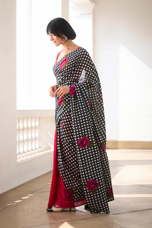 Dressfolk Bloom Check Bengal Cotton Saree - Image 2