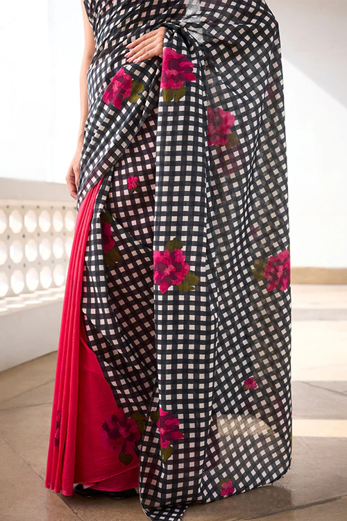Dressfolk Bloom Check Bengal Cotton Saree - Image 3