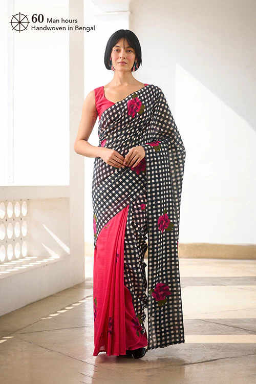 Dressfolk Bloom Check Bengal Cotton Saree - Image 5