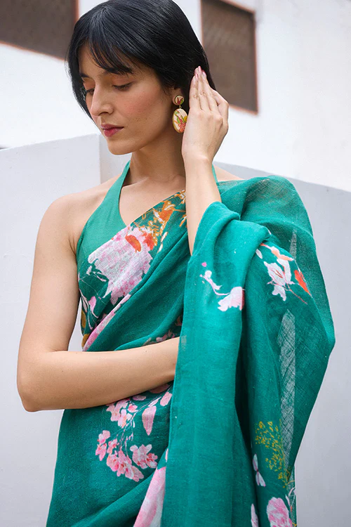 Dressfolk Bloomscape Linen Saree - Image 2
