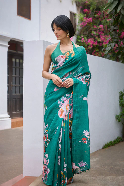 Dressfolk Bloomscape Linen Saree - Image 3