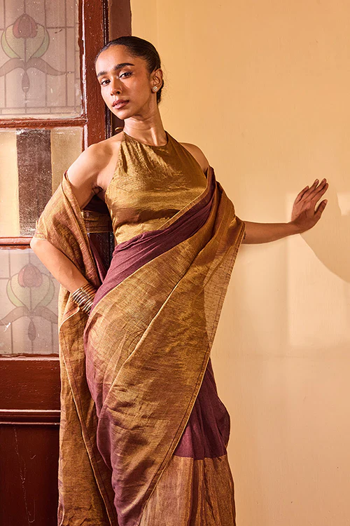 Dressfolk Deep Night Linen Saree - Image 2