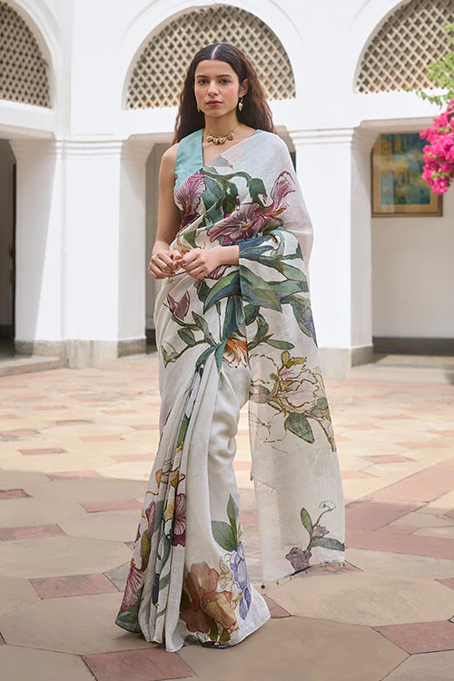 Dressfolk Flora Burst Linen Saree - Image 3