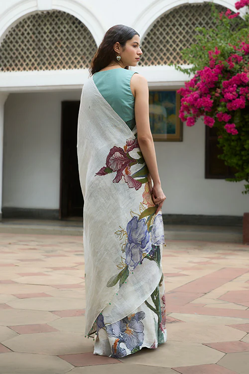 Dressfolk Flora Burst Linen Saree - Image 5