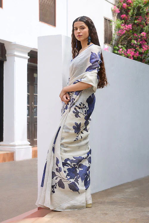 Dressfolk Floral Blues Linen Saree - Image 2