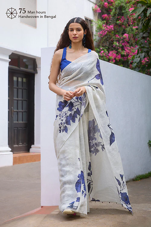 Dressfolk Floral Blues Linen Saree - Image 3