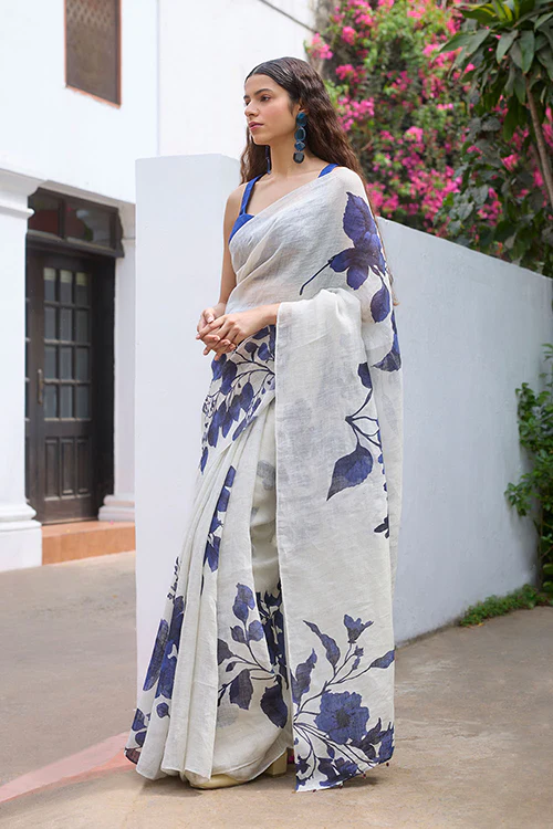 Dressfolk Floral Blues Linen Saree - Image 4